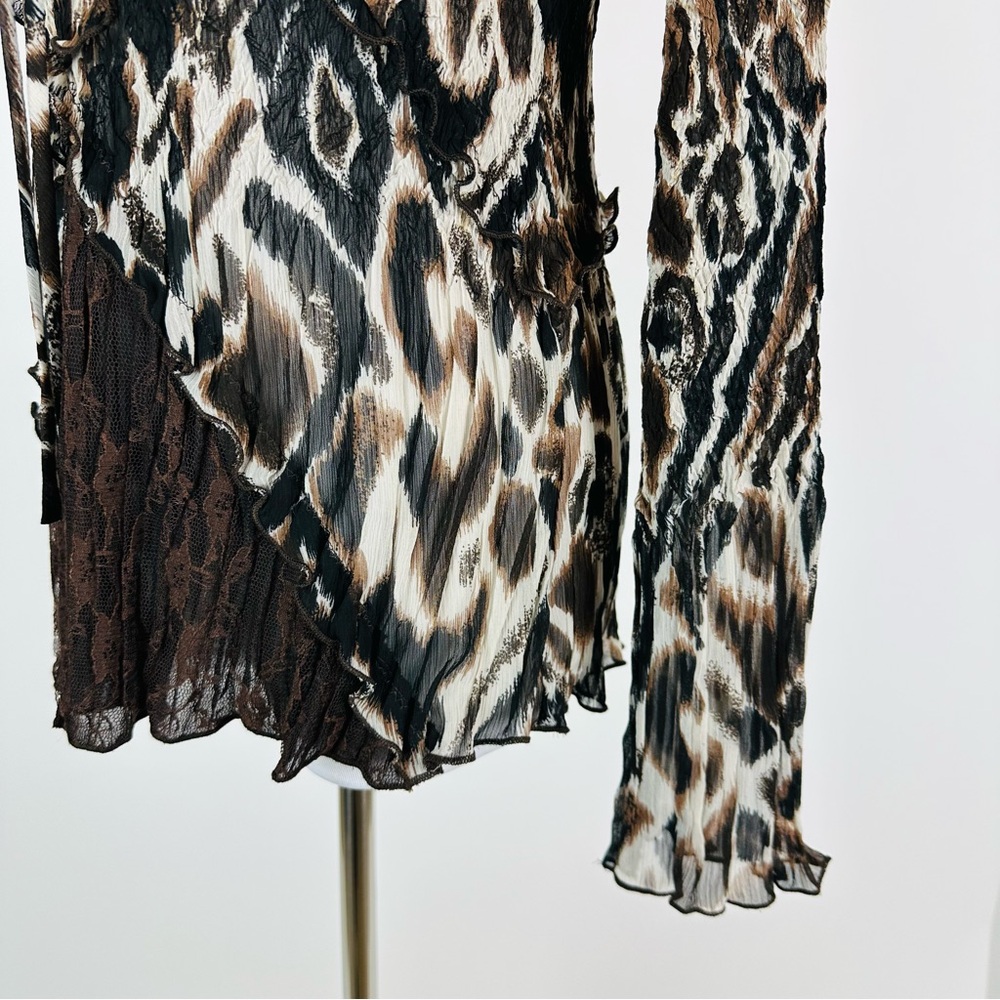 Alberto Makali 90’s Animal Print Ruffle Lace Crinkle Mixed Media Top Size Large - Picture 11 of 15